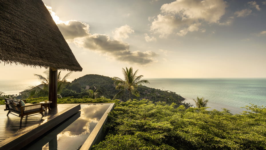 Oceanview balcony at Four Seasons Koh Samui, surrounded by lush jungle, filming location for White Lotus Season 3